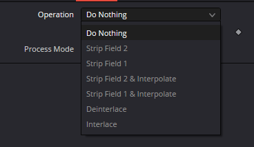 Fields — семь пунктов Operation, включая Strip/Interpolate/Deinterlace/Interlace