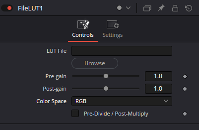 FileLUT — оригинальный Inspector: LUT File, Browse, Pre/Post-gain, Color Space, Pre-Divide / Post-Multiply