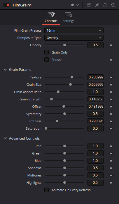 Подлинный Inspector FilmGrain: Preset, Composite Type, Opacity, Grain Params, Advanced Controls.