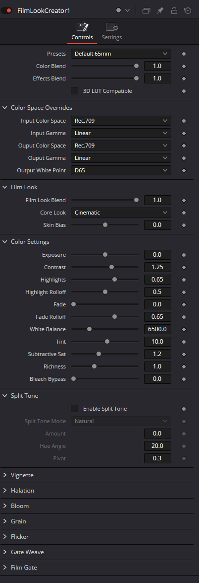 FilmLookCreator Controls с основными блоками Presets, Color Space Overrides, Film Look, Color Settings и эффектами