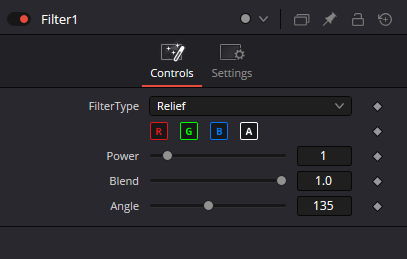 Подлинный Filter Controls: FilterType Relief, R/G/B/A, Power, Blend, Angle