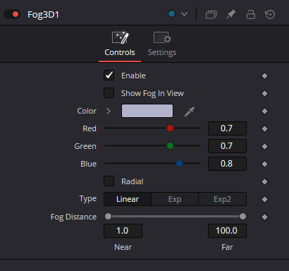 Fog3D Controls — Enable, Show Fog In View, Fog Color, Radial, Type and Near/Far Fog Distance
