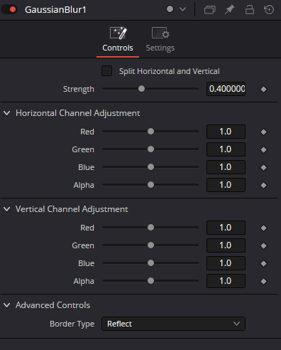 GaussianBlur Controls: Strength, Split Horizontal and Vertical, настройки каналов и Border Type