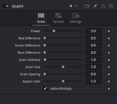Оригинальная вкладка Grain: Power, RGB Difference, Grain Size, Softness, Spacing, Aspect ratio, Alpha-Multiply