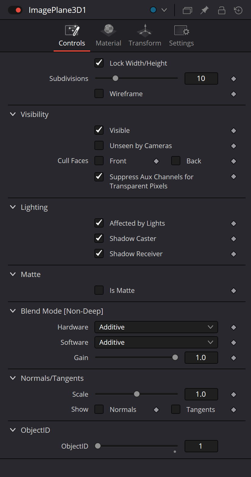 ImagePlane3D Controls: subdivisions, visibility, lighting, matte, blend mode, normals and ObjectID