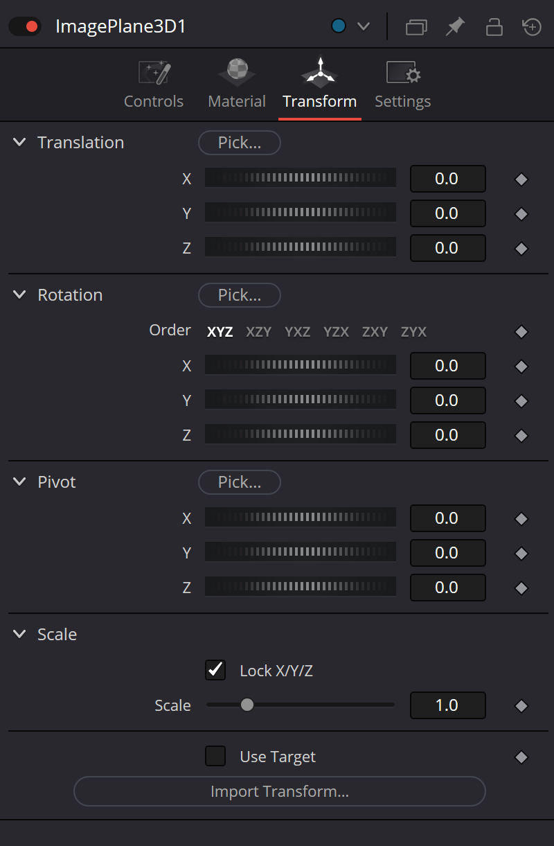 ImagePlane3D Transform: translation, rotation, pivot, scale, target and import transform