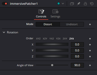 ImmersivePatcher — исходный Controls: Distort, Order ZYX, X/Y/Z и Angle of View