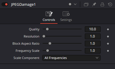 Вкладка Controls ноды JPEGDamage с параметрами Quality, Resolution, Block Aspect Ratio, Frequency Scale и Scale Component