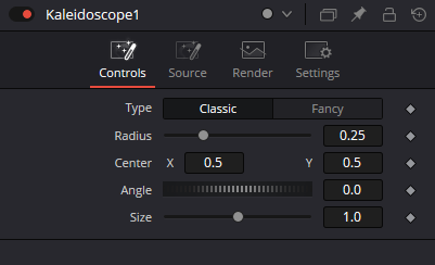 Вкладка Controls ноды Kaleidoscope с параметрами Type, Radius, Center, Angle и Size