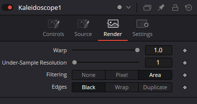 Вкладка Render ноды Kaleidoscope с параметрами Warp, Under-Sample Resolution, Filtering и Edges