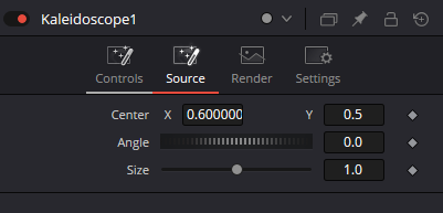 Вкладка Source ноды Kaleidoscope с параметрами Center, Angle и Size для трансформации исходника