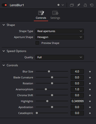 LensBlur — Controls: Blur Size, Blade Curvature, Rotation, Anamorphism, Chroma Shift, Highlights, Apodization и Catadioptric