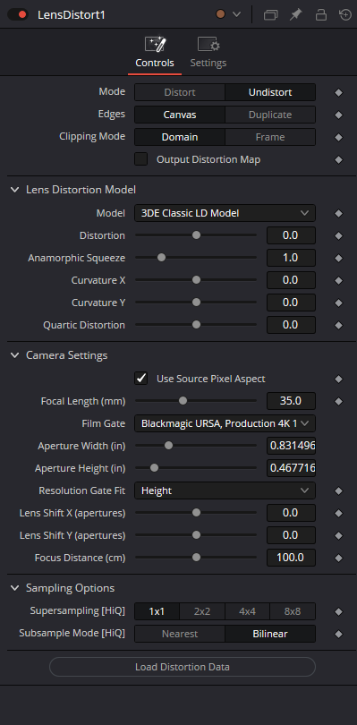 LensDistort — основная вкладка Controls с режимом Distort/Undistort, моделью дисторсии, параметрами камеры и sampling options