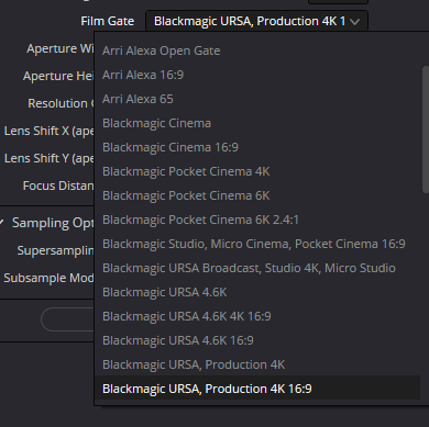LensDistort — выпадающий список Film Gate с камерами Arri, Blackmagic и вариантами кадра
