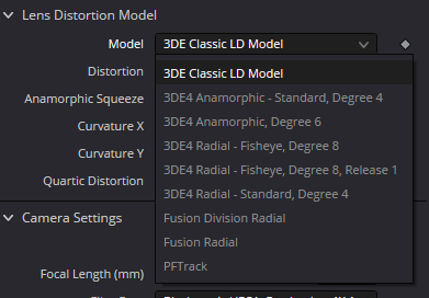 LensDistort — выбор модели искажения объектива: 3DE Classic, 3DE4 Anamorphic, Fisheye, Fusion Radial, PFTrack
