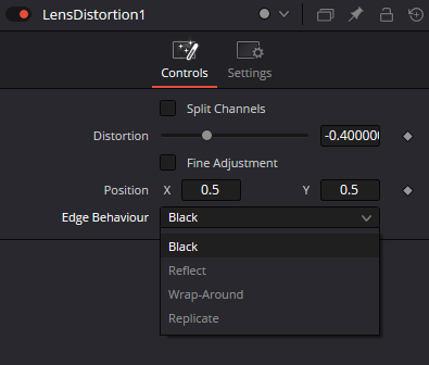 LensDistortion — Controls: Split Channels, Distortion, Fine Adjustment, Position и Edge Behaviour