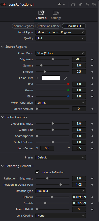 LensReflections Controls — Source Regions, Global Controls и Reflecting Element 1