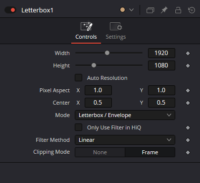 Letterbox — Controls: Width, Height, Auto Resolution, Pixel Aspect, Center, Mode, Filter Method и Clipping Mode
