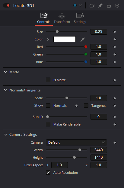 Locator3D current Controls with crosshair display, Matte, Normals/Tangents, Sub ID, Make Renderable and Camera Settings