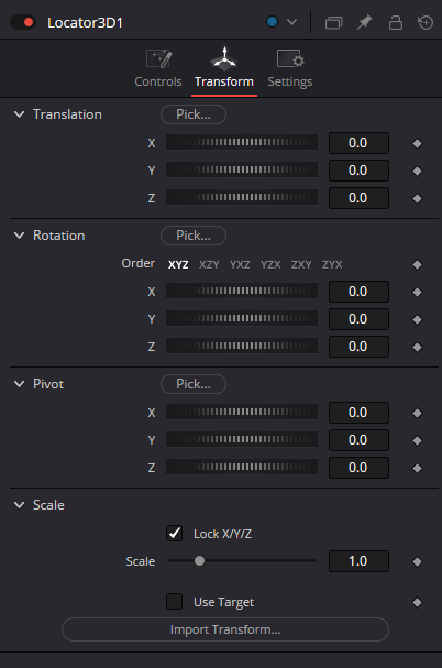 Locator3D current Transform with Translation, Rotation Order, Rotation, Pivot, linked Scale, Use Target and Import Transform