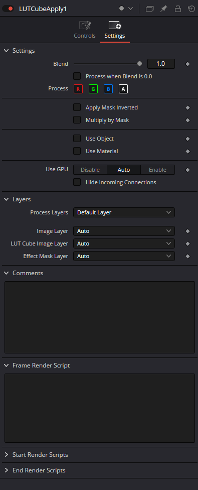 LUTCubeApply — Settings: Blend, Process R/G/B/A, параметры маски и выбор входных слоёв