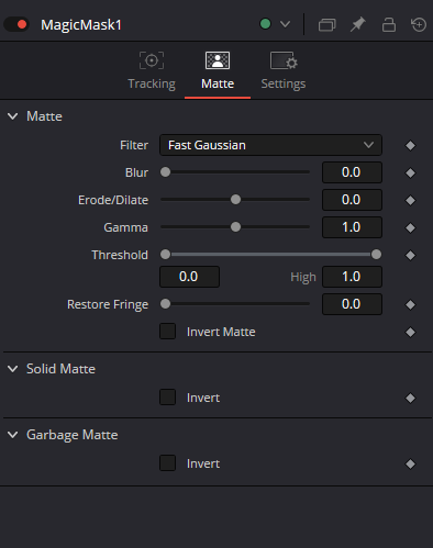 MagicMask — Matte: Filter, Blur, Erode/Dilate, Gamma, Threshold, Restore Fringe, Invert Matte, Solid Matte и Garbage Matte