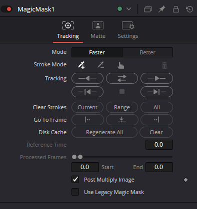 MagicMask — Tracking: Mode Faster/Better, Stroke Mode, Tracking, Clear Strokes, Disk Cache, Reference Time и Processed Frames