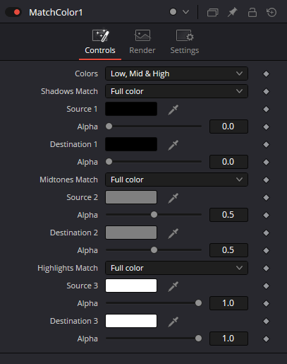 MatchColor — вкладка Controls с настройками теней, средних тонов и светов