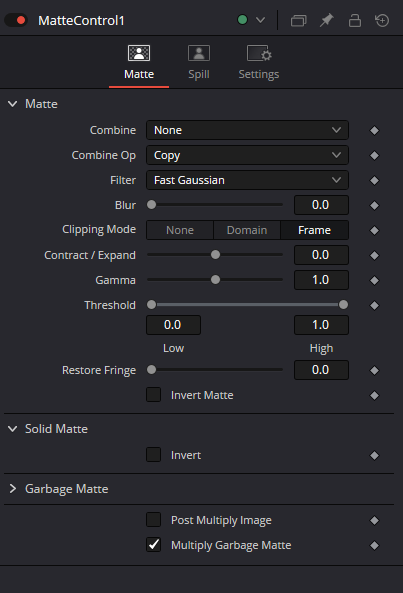 MatteControl — вкладка Matte: Combine, Combine Op, Filter, Blur, Clipping Mode, Contract/Expand, Gamma, Threshold, Restore Fringe, Invert Matte, Solid Matte, Garbage Matte, Post Multiply Image и Multiply Garbage Matte