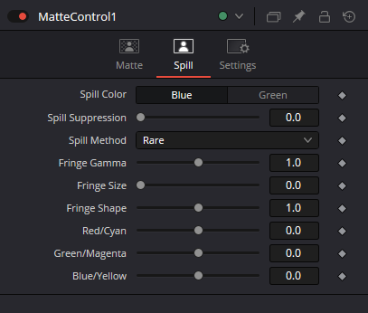 MatteControl — вкладка Spill: Spill Color, Spill Suppression, Spill Method, Fringe Gamma, Fringe Size, Fringe Shape, Red/Cyan, Green/Magenta и Blue/Yellow