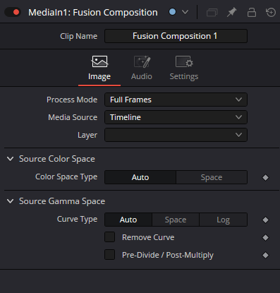 MediaIn — вкладка Image: Process Mode, Media Source, Layer, Source Color Space и Source Gamma Space