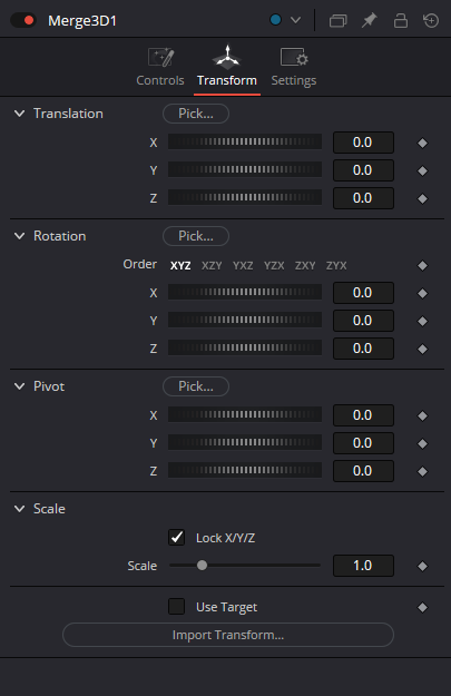 Merge3D Transform: Translation, Rotation, Pivot, Scale, Use Target and Import Transform
