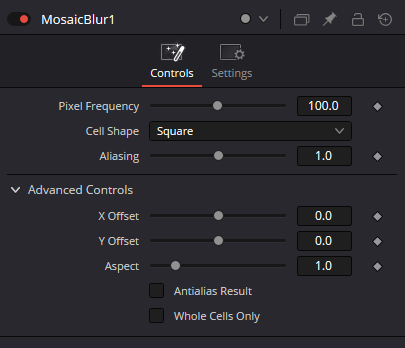 MosaicBlur Controls в Resolve 21: восемь authored controls — Pixel Frequency, Cell Shape, Aliasing, X/Y Offset, Aspect, Antialias Result и Whole Cells Only