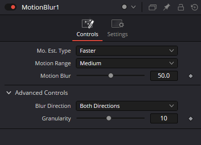 MotionBlur Controls в Resolve 21: пять authored controls — Mo. Est. Type, Motion Range, Motion Blur, Blur Direction и Granularity