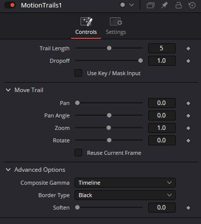 MotionTrails Controls в Resolve 21: 11 default-visible controls — Trail Length, Dropoff, Use Key / Mask Input, Pan, Pan Angle, Zoom, Rotate, Reuse Current Frame, Composite Gamma, Border Type и Soften