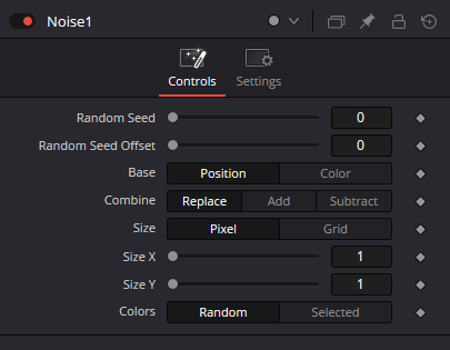 Noise — Controls: Random Seed, Random Seed Offset, Base, Combine, Size X/Y и Colors.