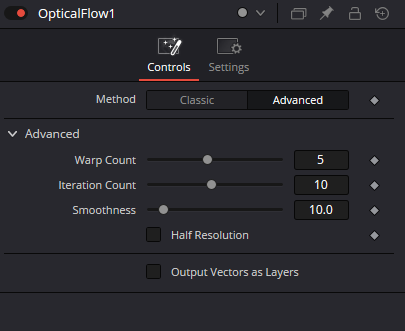 OpticalFlow — Controls: Method Classic/Advanced, Warp Count, Iteration Count, Smoothness, Half Resolution и Output Vectors as Layers