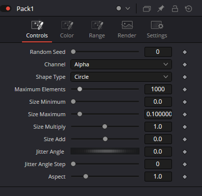 Pack — Controls: Random Seed, Channel, Shape Type, Maximum Elements, Size, Jitter Angle и Aspect
