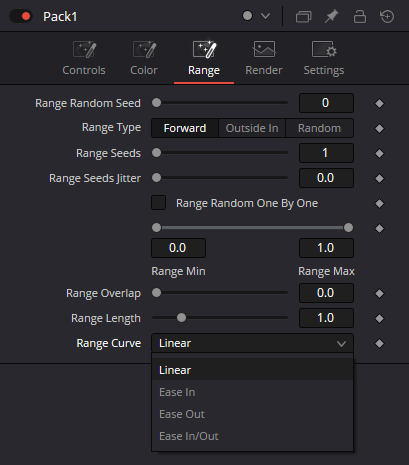 Pack — Range: Range Type, Range Seeds, Range Min/Max, Range Overlap, Range Length и Range Curve