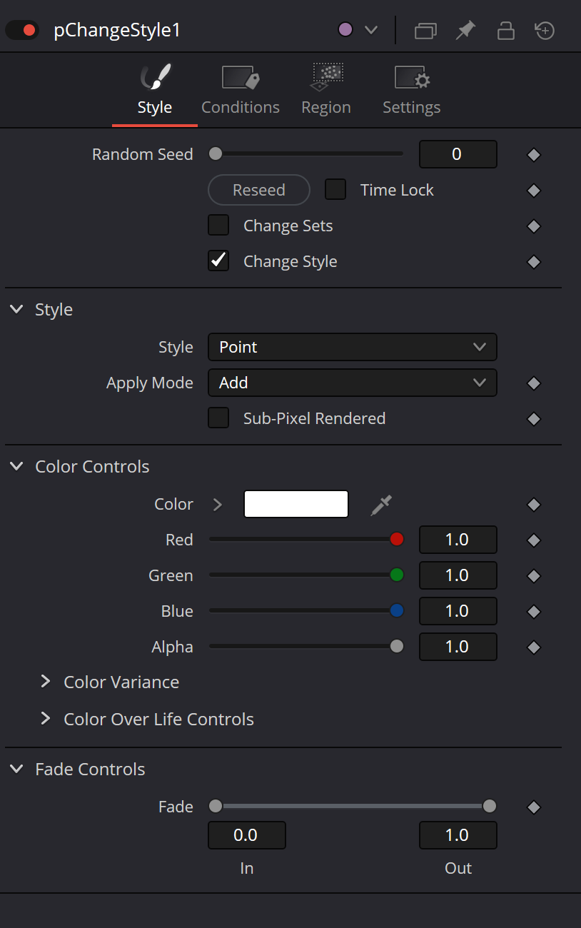 pChangeStyle — Style: Random Seed, Change Sets, Change Style and particle style controls