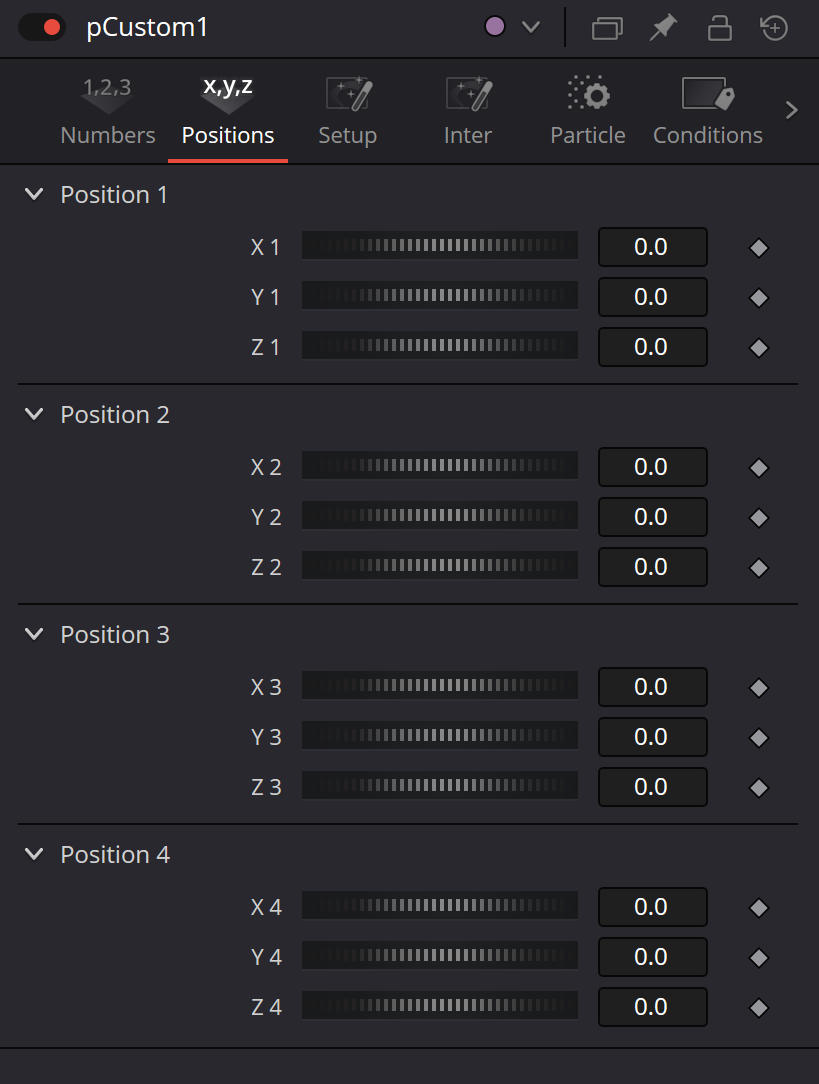 pCustom — Positions: Position 1–4 with X/Y/Z controls