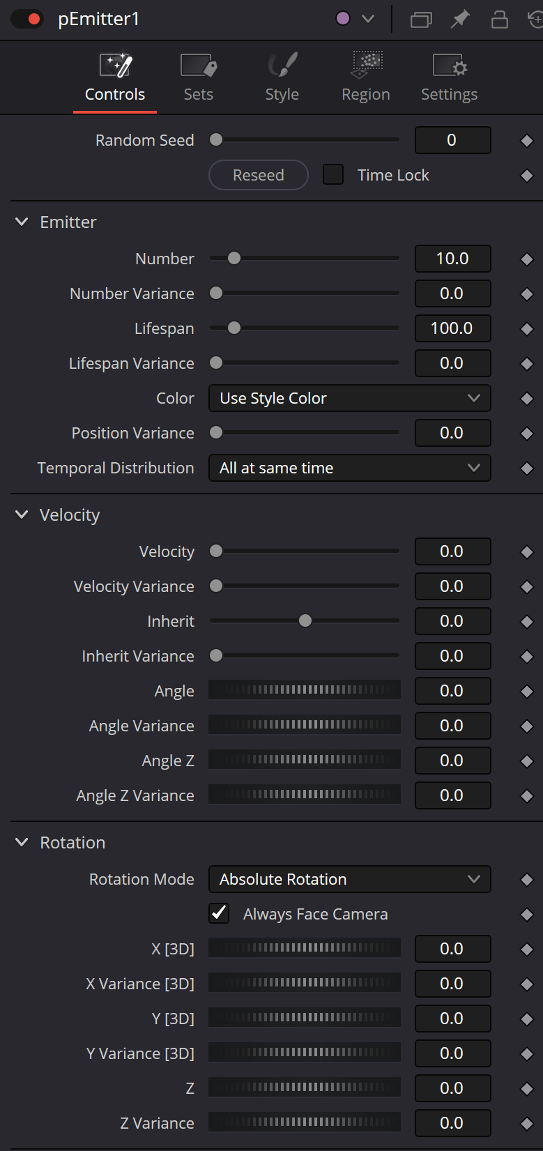 pEmitter — Controls: particle birth, lifespan, velocity, rotation and spin