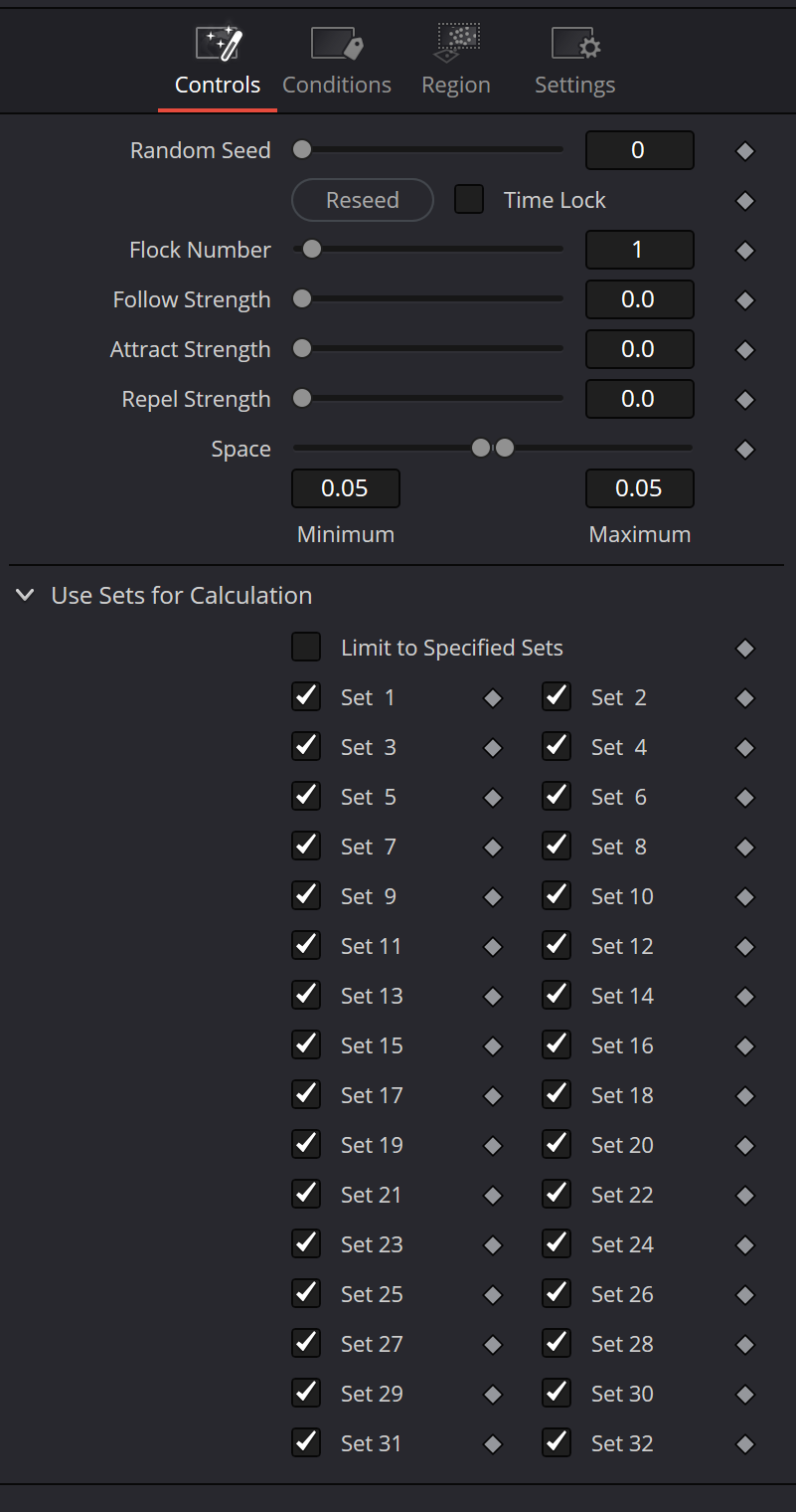 pFlock — Controls: Flock Number, Follow, Attract, Repel, Space and calculation Sets