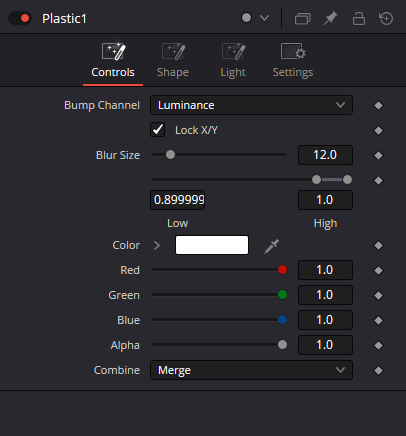 Plastic — вкладка Plastic: Bump Channel, Lock X/Y, Blur Size, Low/High, Color RGBA и Combine