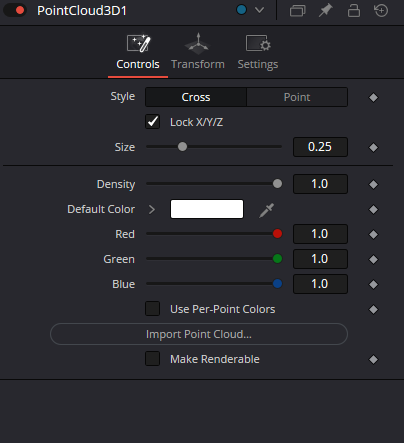 PointCloud3D Controls in Cross style with Lock X/Y/Z, Size, Density, color, Use Per-Point Colors, Import Point Cloud and Make Renderable