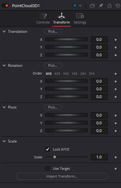 PointCloud3D Transform tab in Resolve 21
