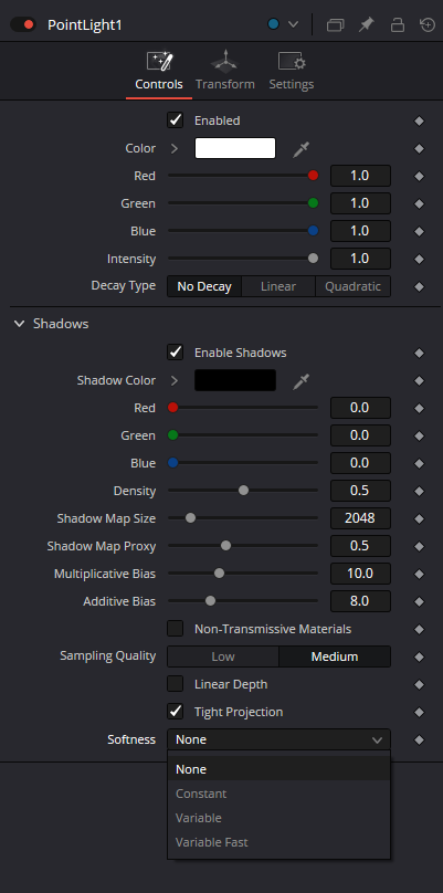 PointLight Controls in Resolve 21 with Decay Type, shadow map, Sampling Quality, Linear Depth, Tight Projection and Softness modes