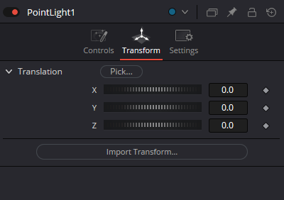 PointLight Transform in current Resolve 21 showing Translation Pick, X/Y/Z and Import Transform