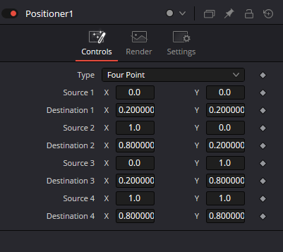 Positioner — реальный Resolve Inspector Controls: Type Four Point и Source/Destination 1–4