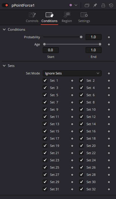 pPointForce — real Resolve Conditions Inspector with Probability, Age and Sets 1–32